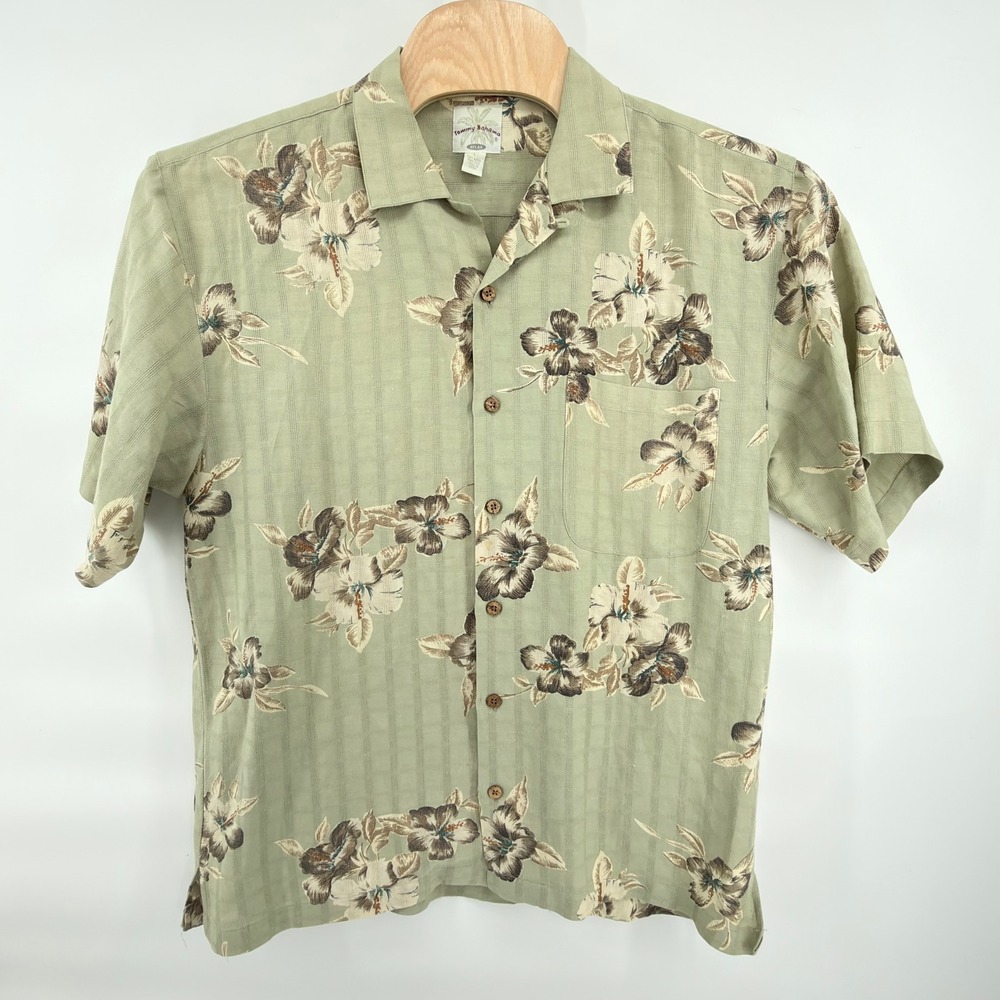 Tommy Bahama Button Front Shirt Mens L Green Floral Linen Silk Relaxed Tropical